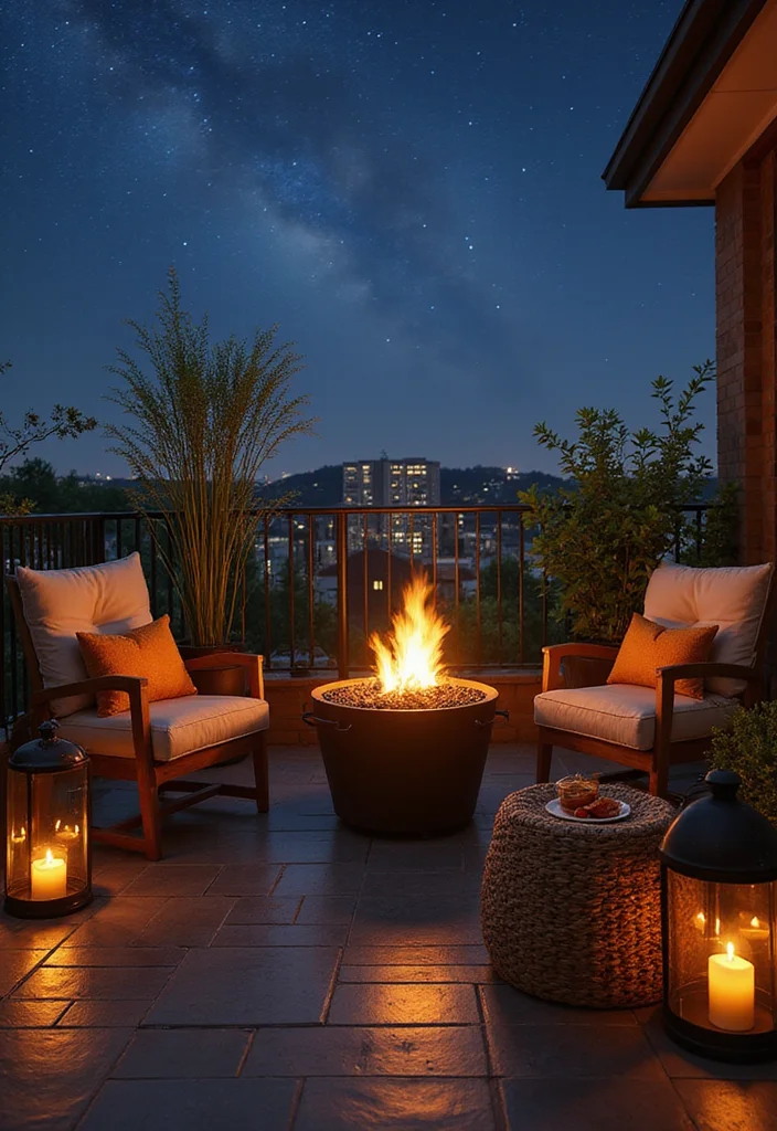22 Balcony Decor Ideas That Turn Small Spaces Into Outdoor Retreats - 5. Compact Fire Pit 1