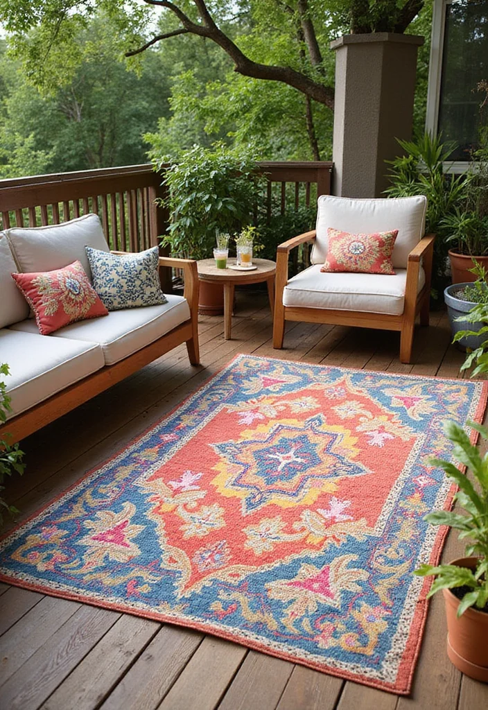22 Balcony Decor Ideas That Turn Small Spaces Into Outdoor Retreats - 6. Outdoor Rug for Comfort 1