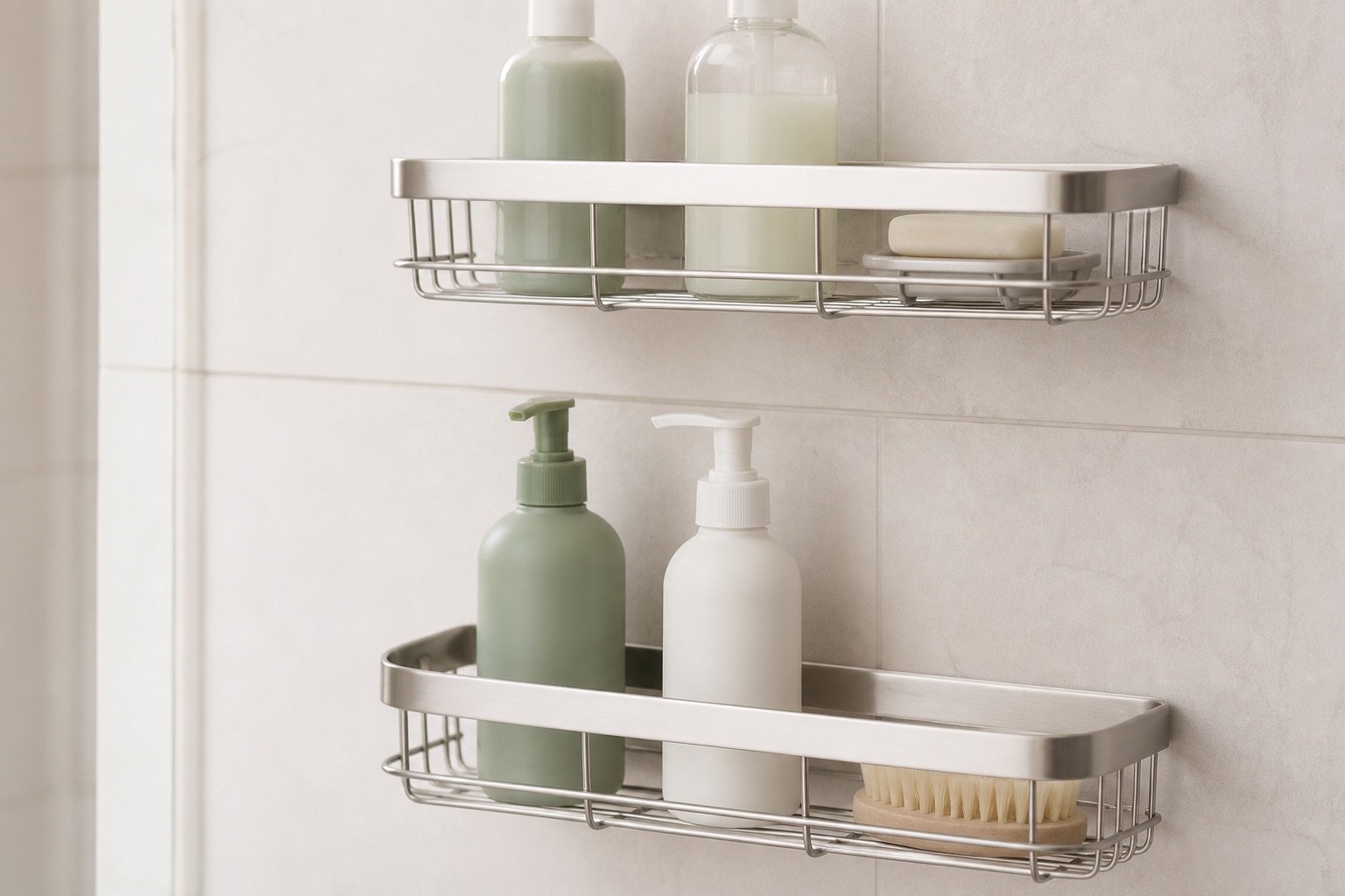 Adhesive shower caddies arranged on pale bathroom tile
