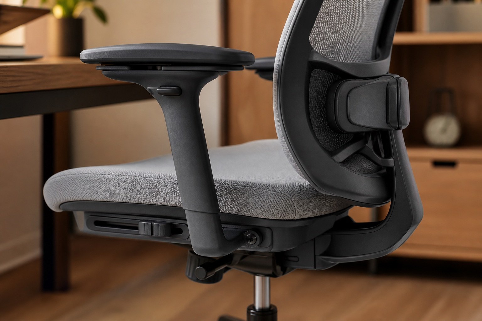 Close view of adjustable lumbar, seat depth and armrest controls on a neutral office chair