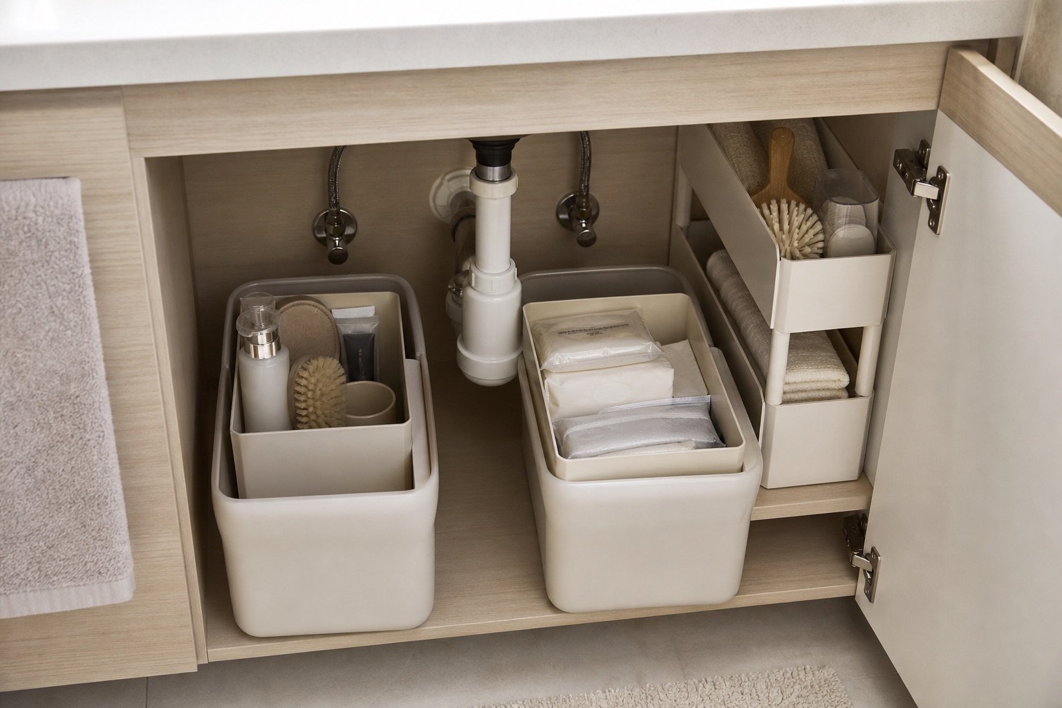 Removable cream bins organized around bathroom sink plumbing