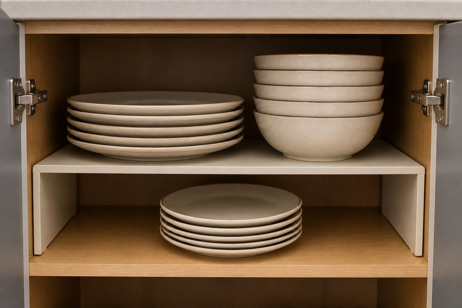 Six place settings of neutral stoneware organized in a kitchen cabinet