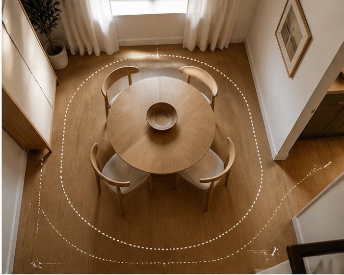 Overhead view showing walking clearance around a round dining table in a compact room