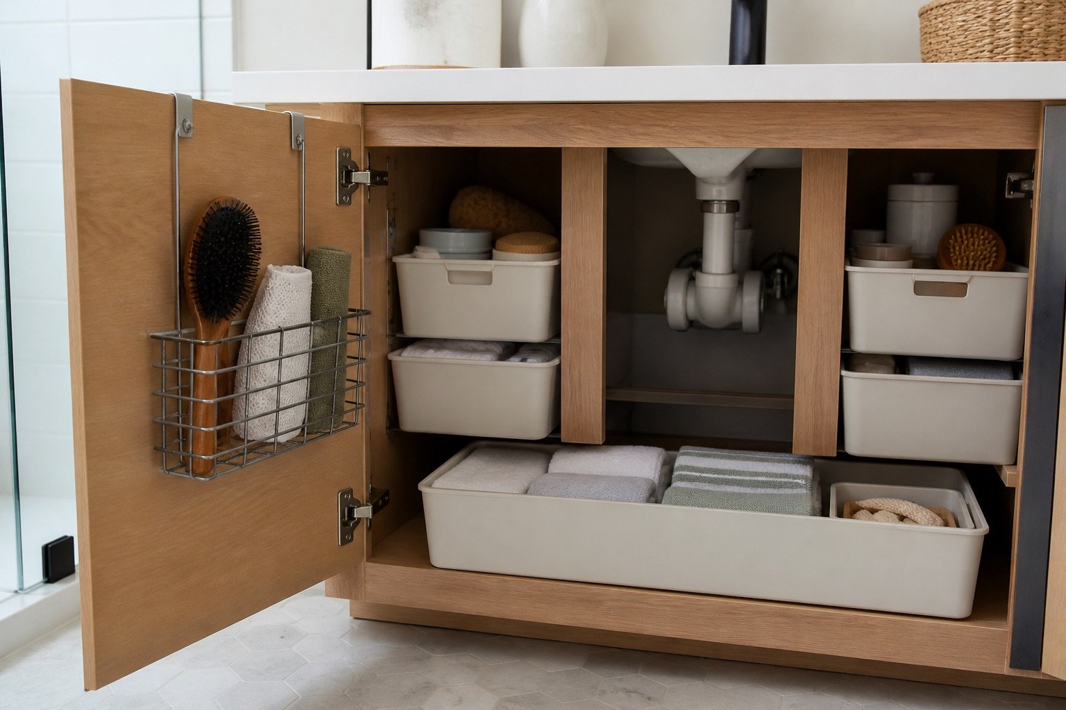 Slim metal basket on a bathroom cabinet door with organized bins inside