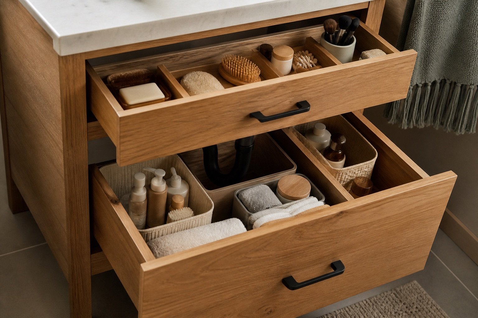 Organized drawers inside a compact warm wood bathroom vanity