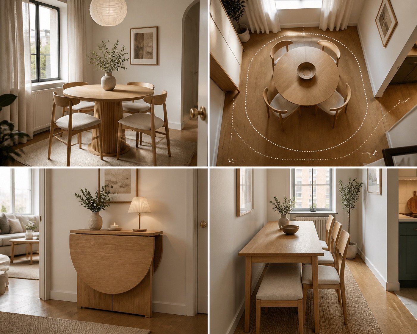 Light oak drop-leaf dining table folded into a slim console in a small apartment