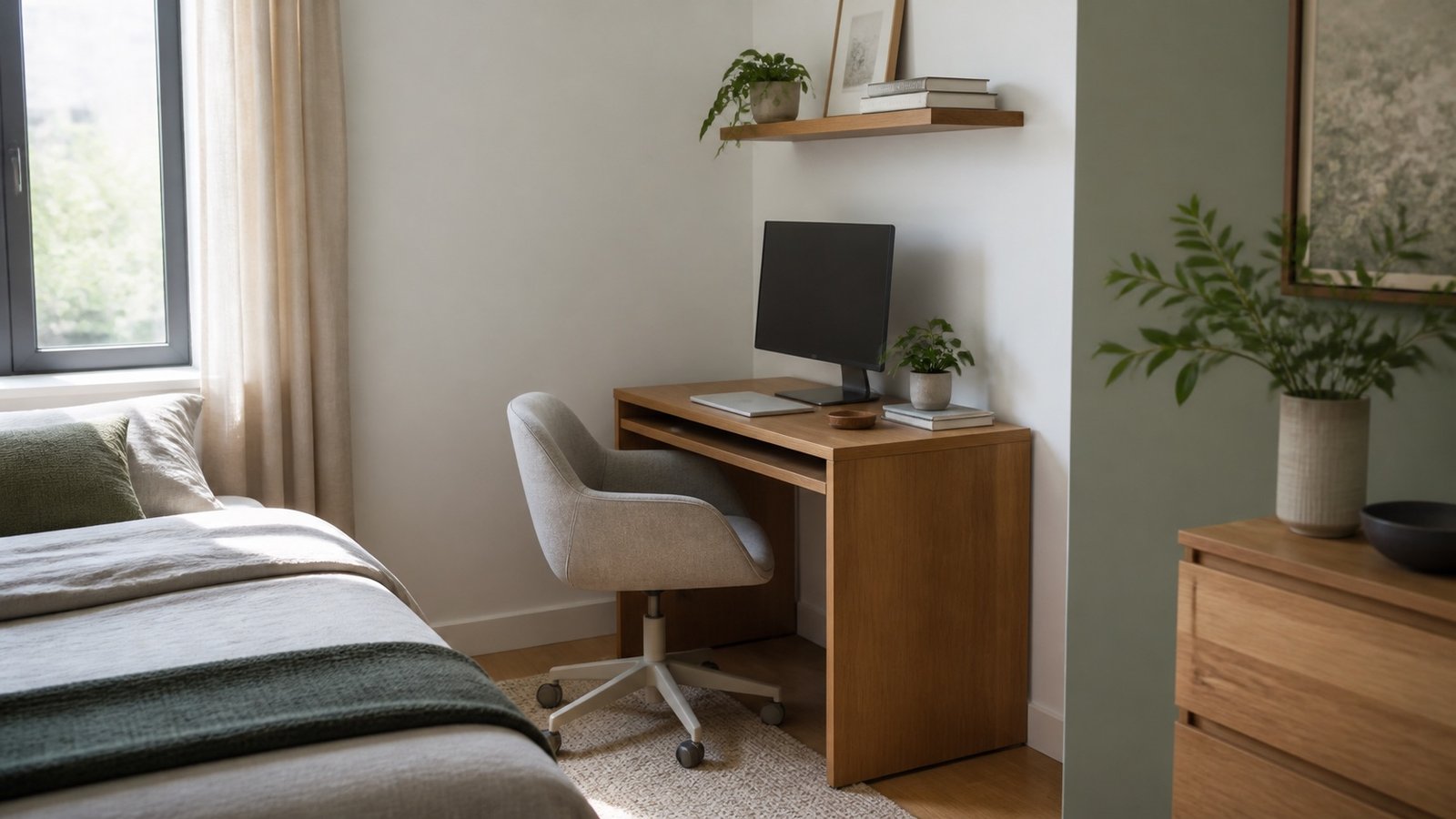 Ergonomic compact bedroom workspace with monitor riser, task chair and warm desk lamp