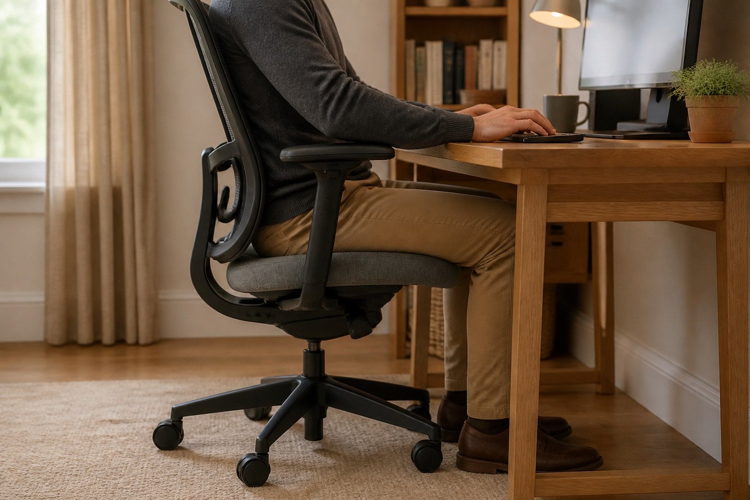 Person seated at an oak desk with feet supported and knees comfortably positioned