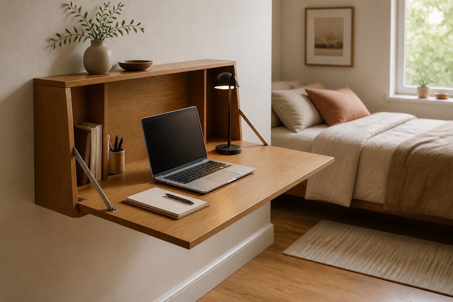 Warm wood fold-down desk creating a compact workspace in a small bedroom