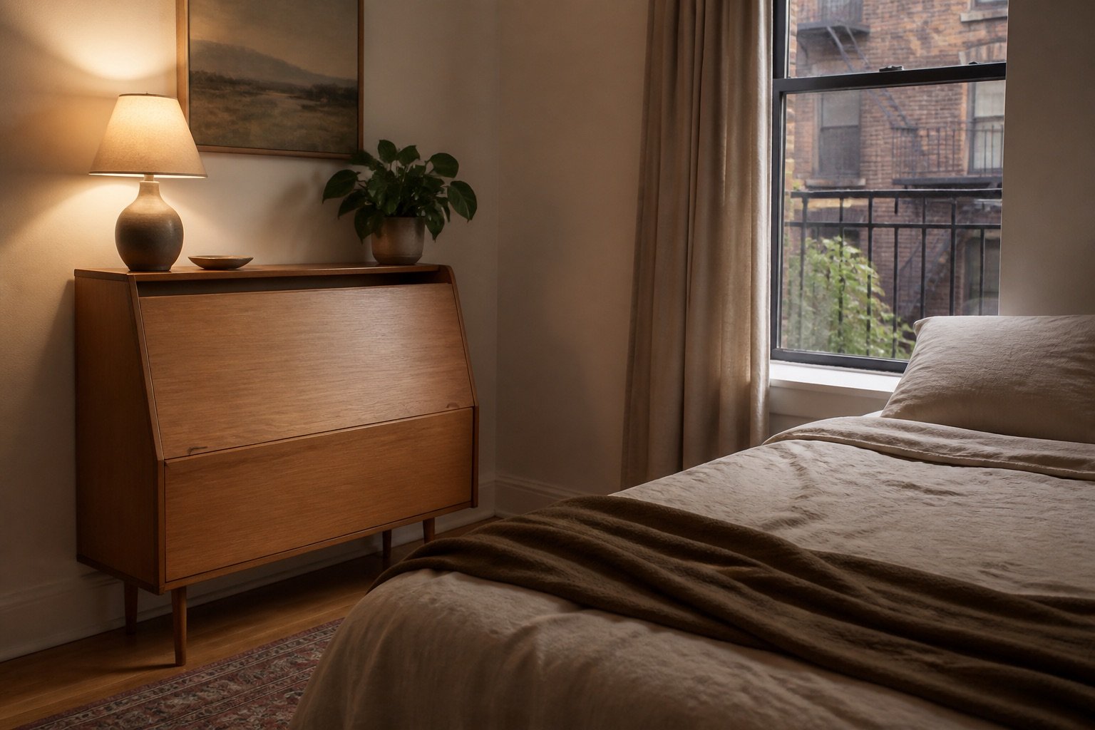 Warm wood secretary desk closed beside a calm bed after the workday