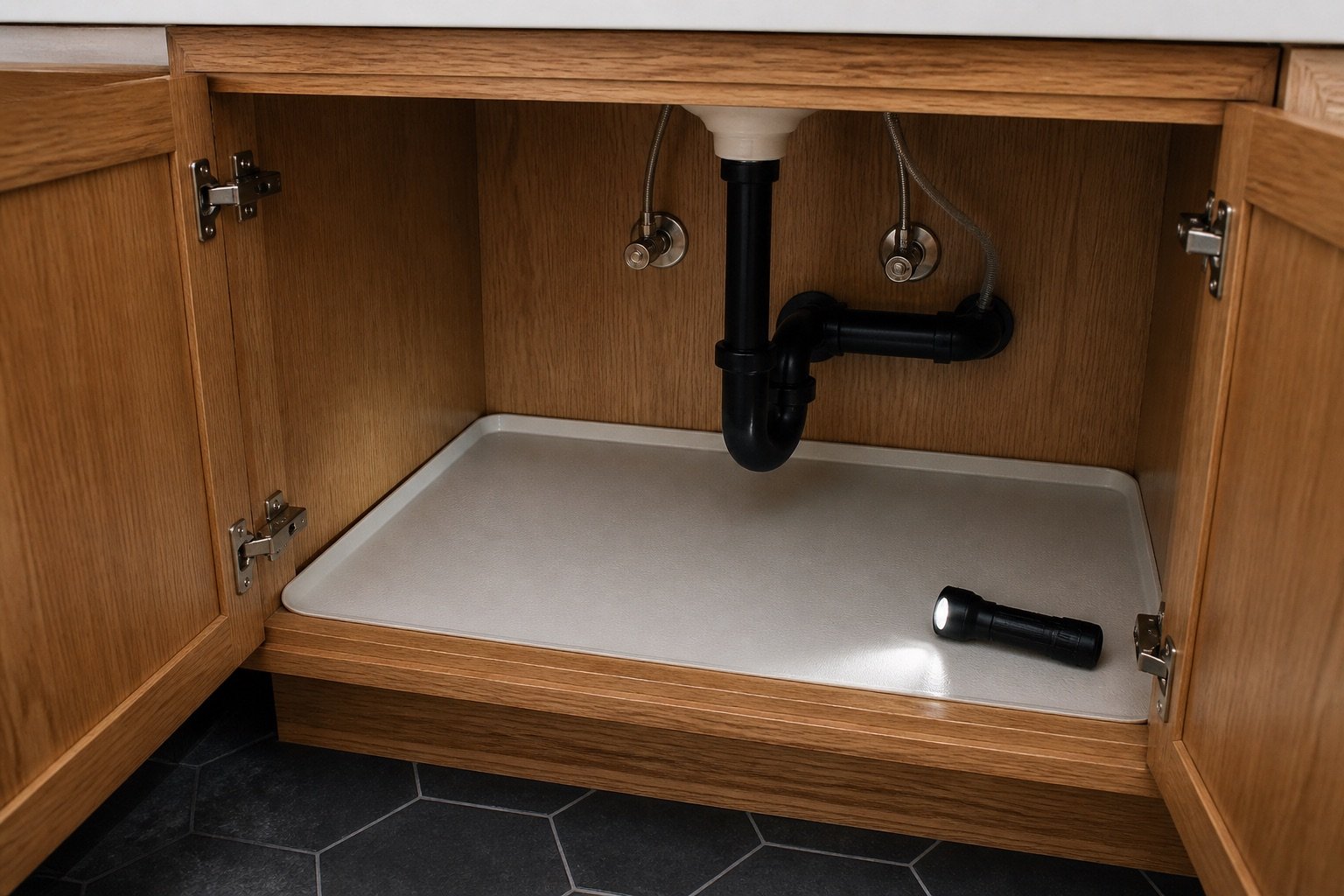 Clean bathroom under-sink cabinet with visible plumbing and a fitted waterproof mat