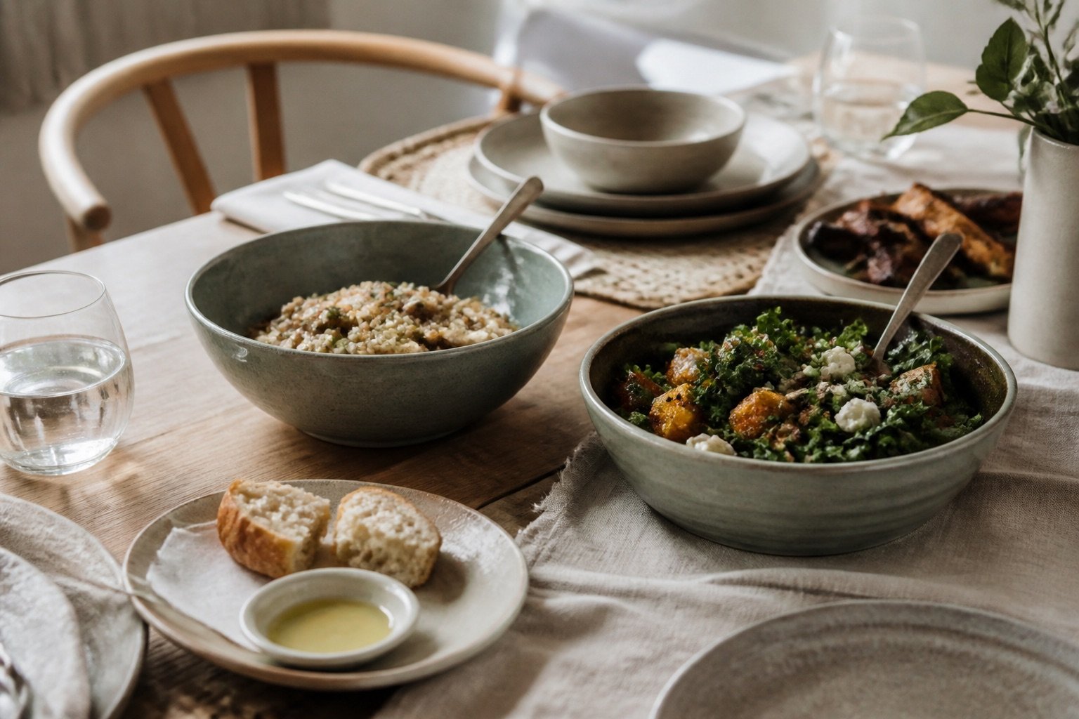 Relaxed dining table with neutral plates and muted green serving bowls