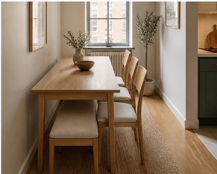 Narrow light wood dining table with a tucked bench and slim chairs in a small apartment