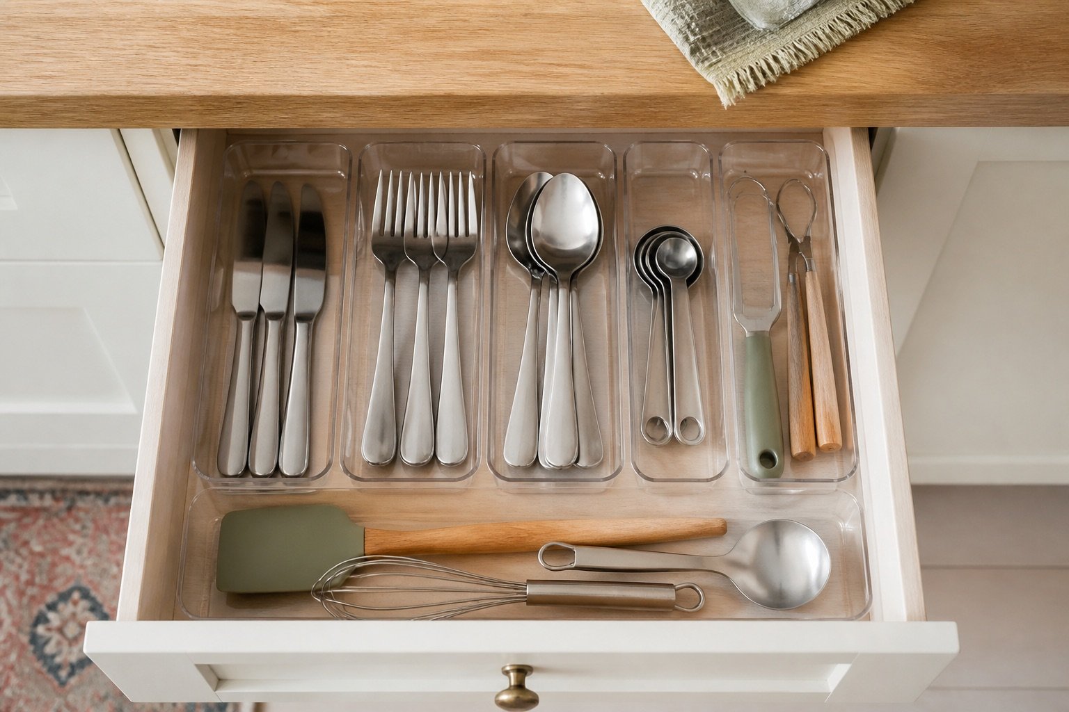 Small kitchen drawer organized with clear divider trays