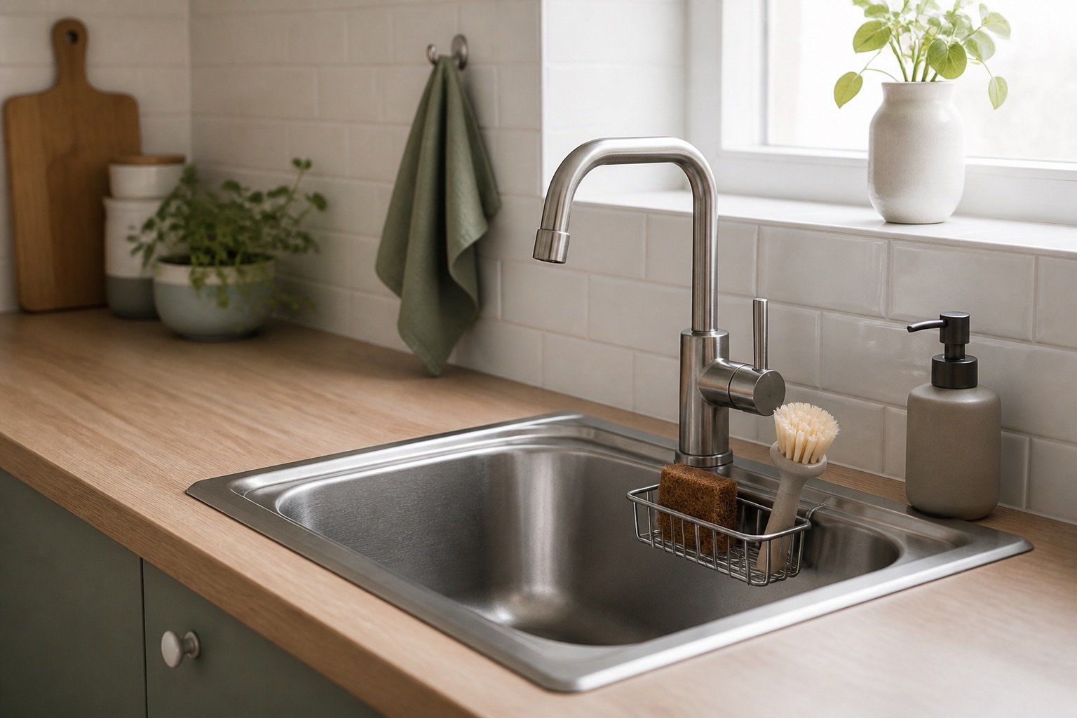 Organized kitchen sink with compact countertop storage