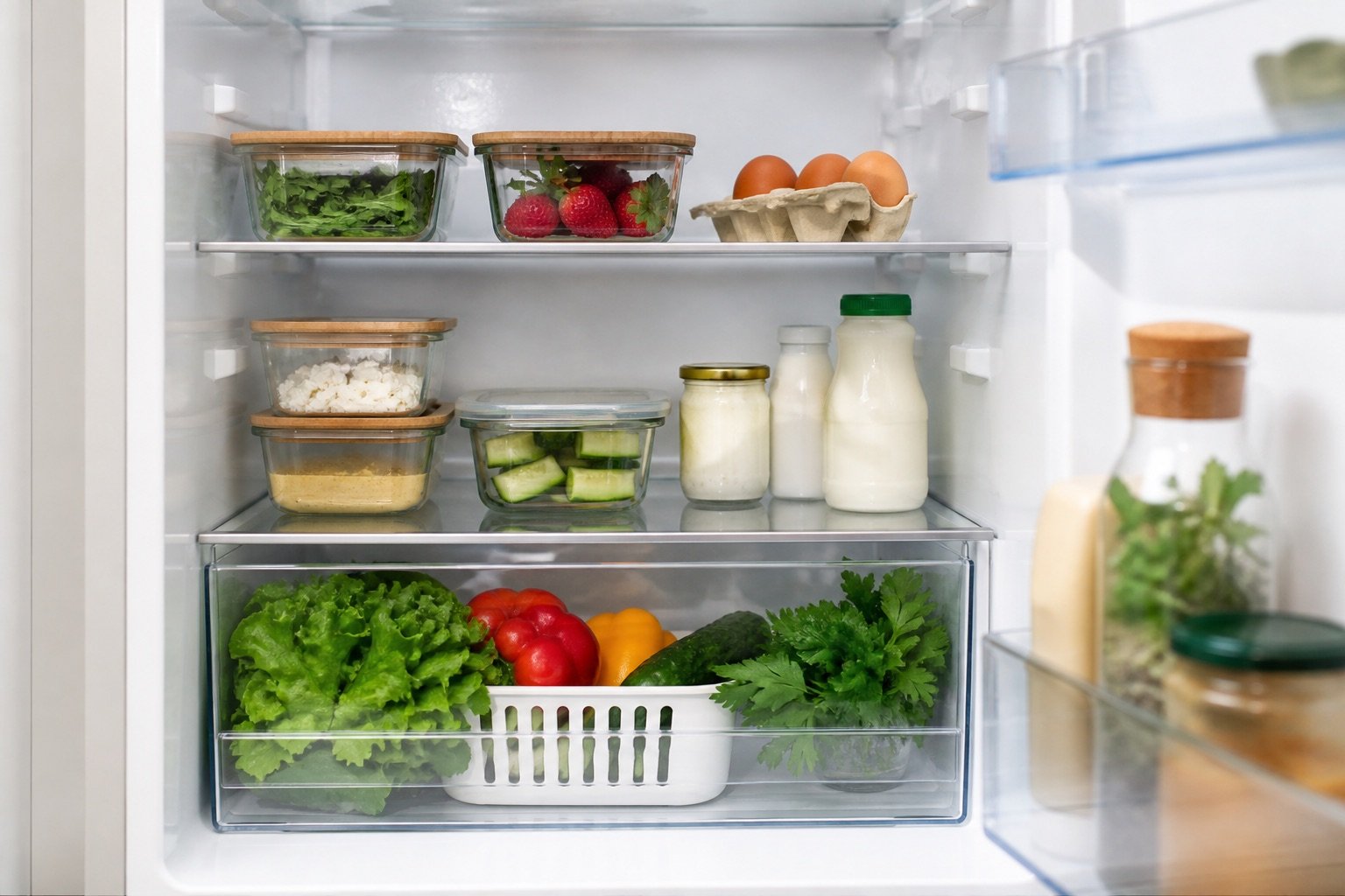 Small refrigerator organized into visible food-storage zones