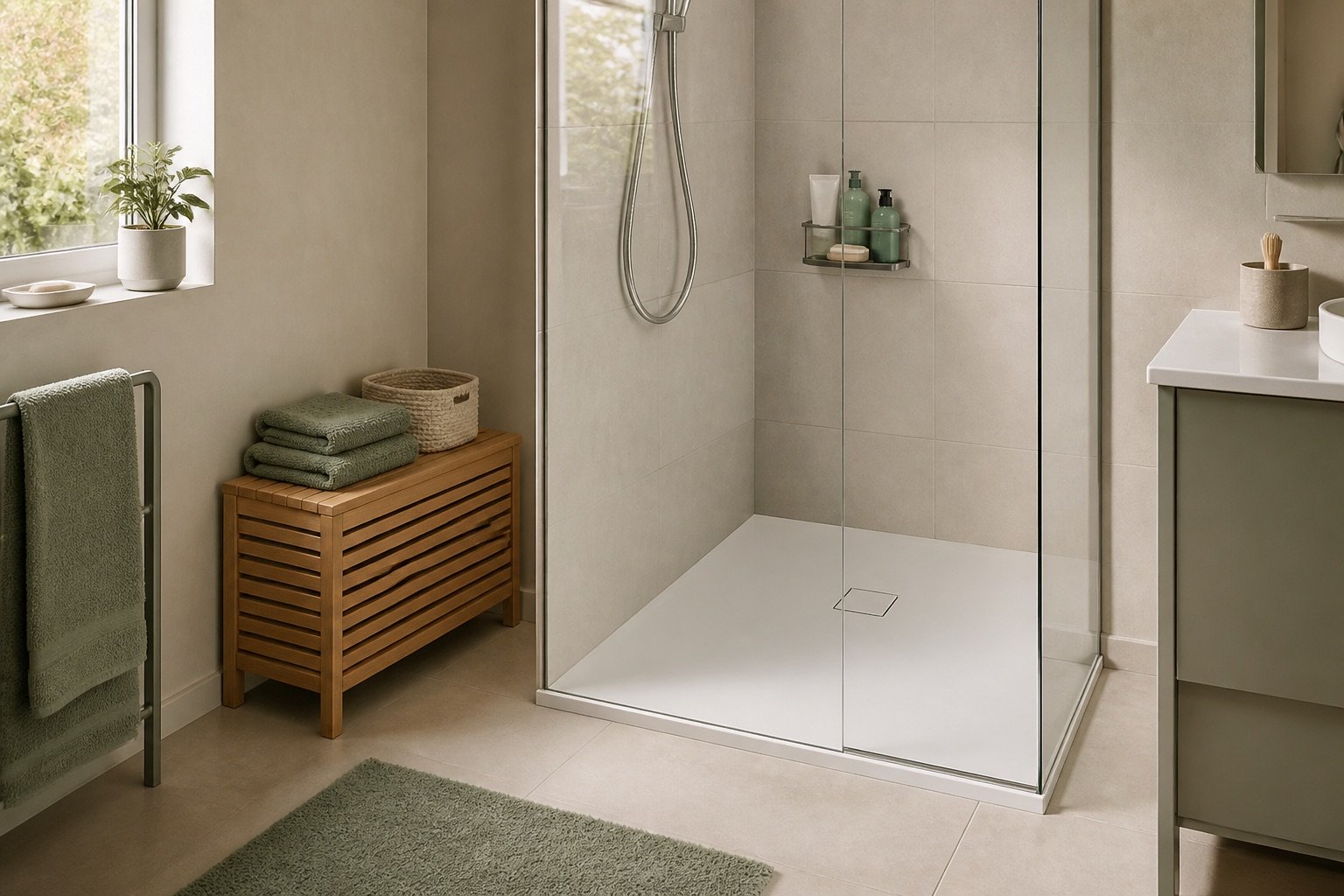 Renter-friendly shower with a clear floor and compact wall storage