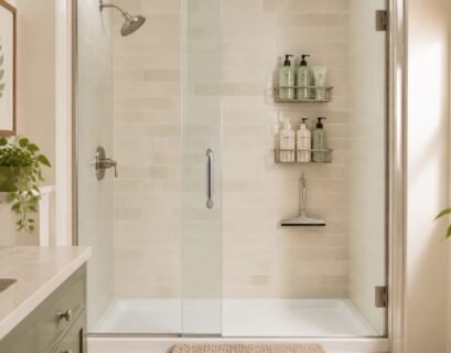 Organized compact shower using no-drill wall storage
