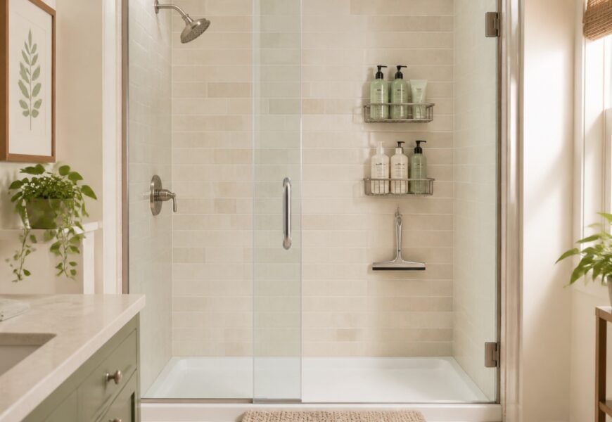 Organized compact shower using no-drill wall storage