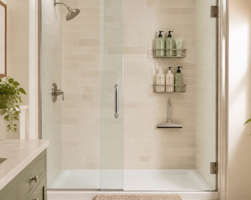Organized compact shower using no-drill wall storage
