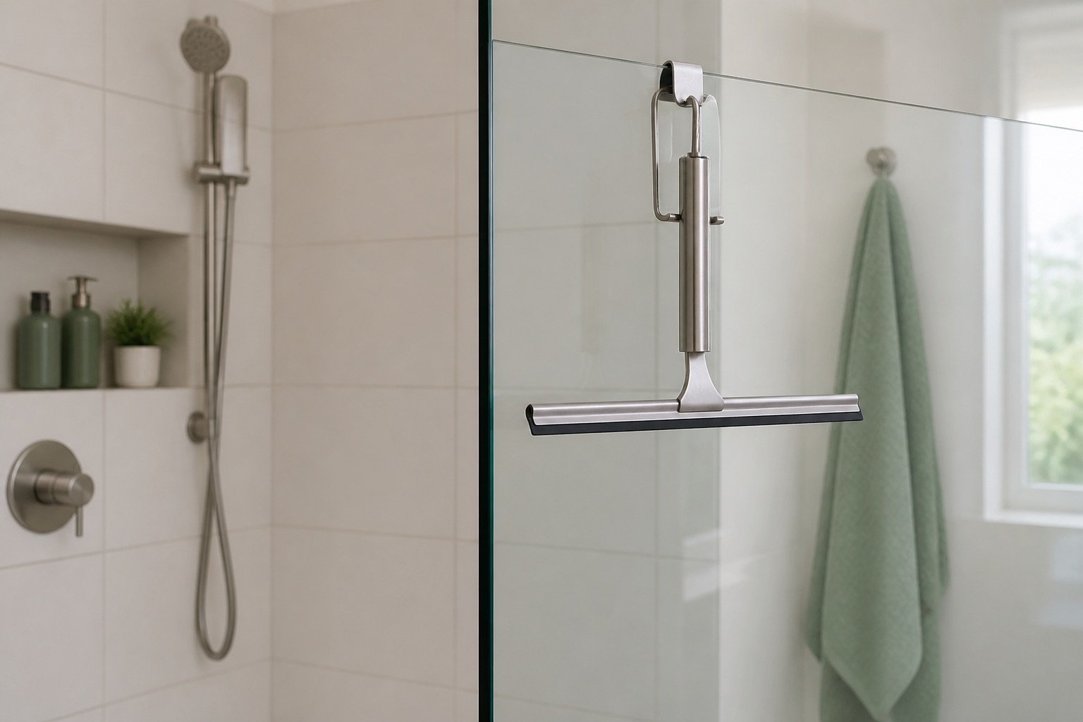 Shower squeegee hanging on a clean glass screen