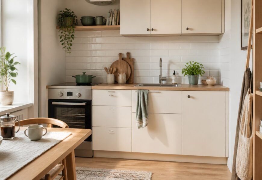 Organized small kitchen with clear counters and practical storage