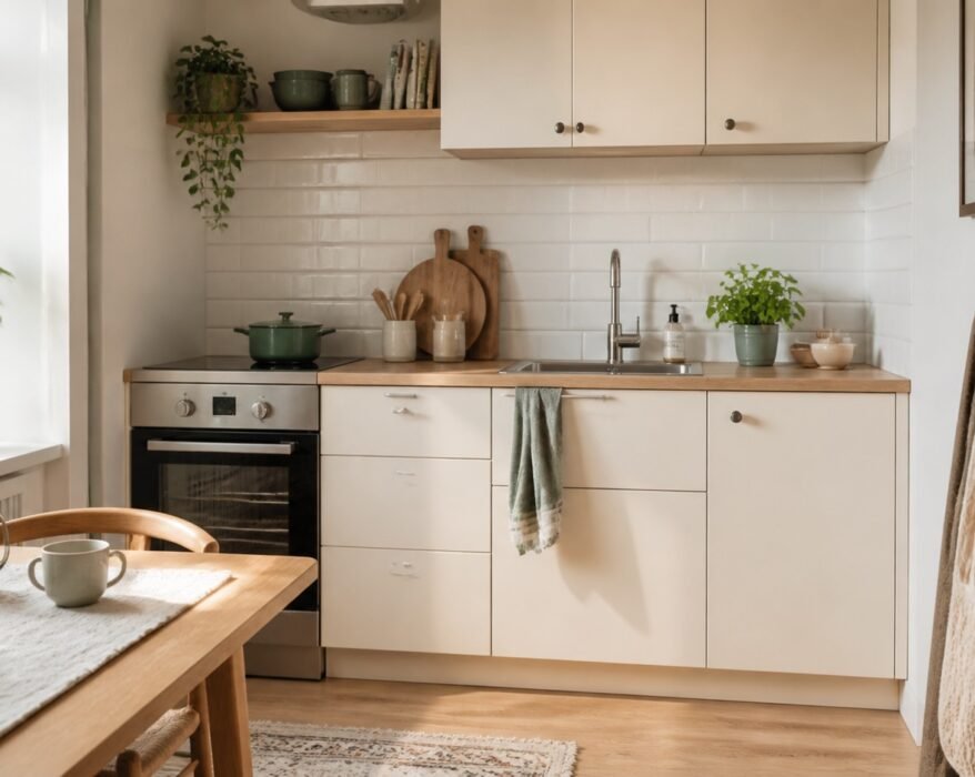 Organized small kitchen with clear counters and practical storage