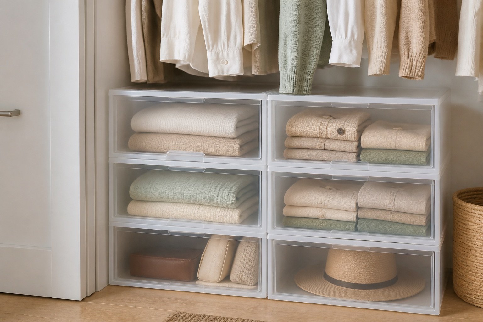 Stackable clear-front drawers organizing folded clothes in a small wardrobe