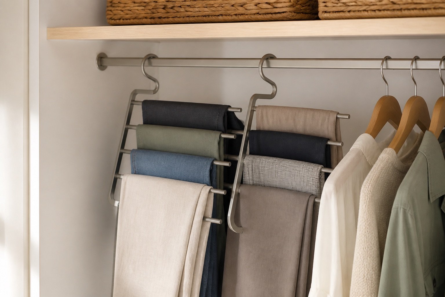 Trousers stored vertically on space-saving wardrobe hangers