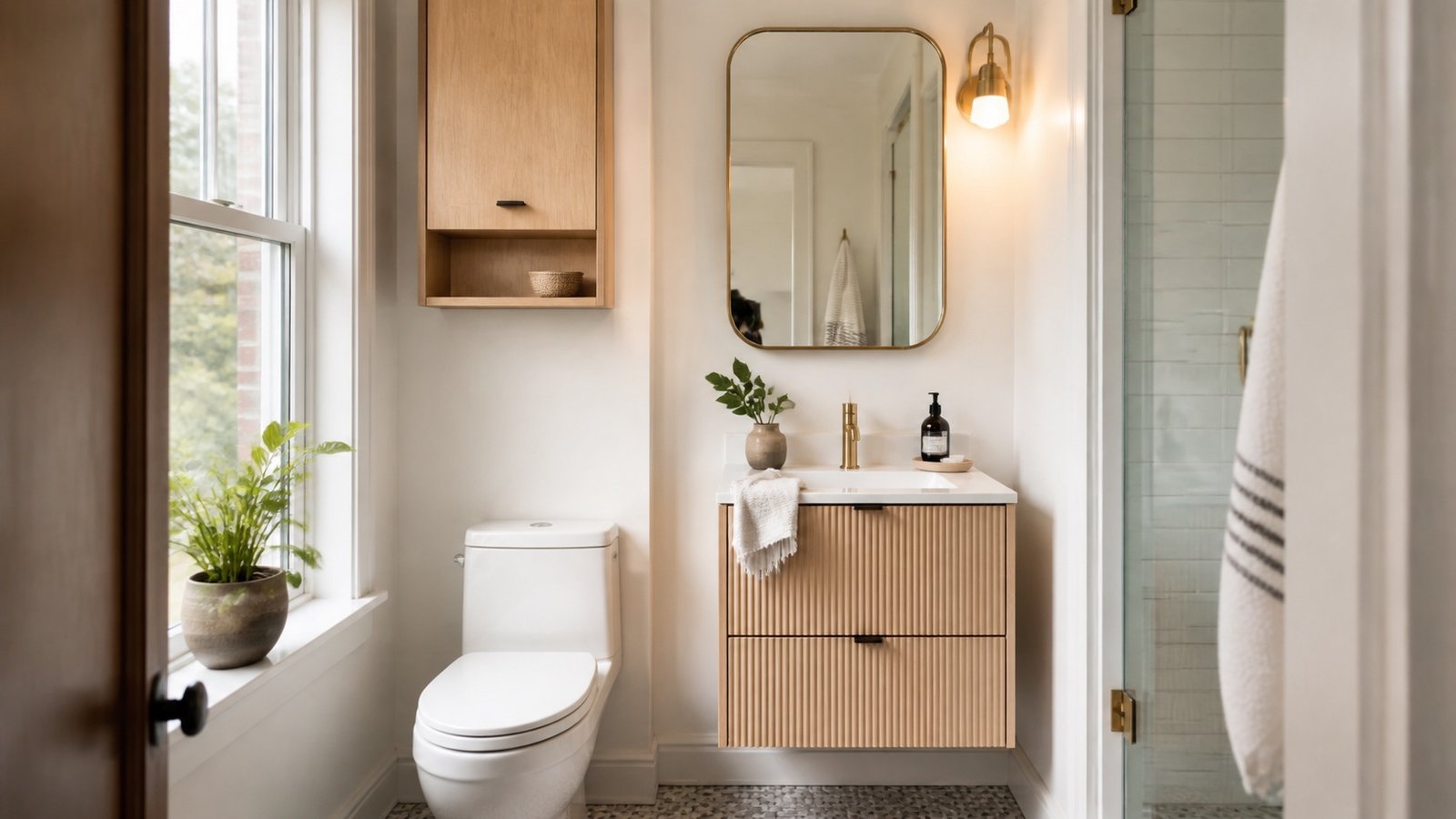 Small bathroom with a floating wood vanity, medicine cabinet and narrow wall storage