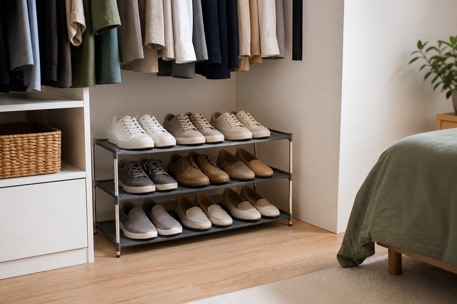 Three-tier shoe rack organizing footwear on a wardrobe floor